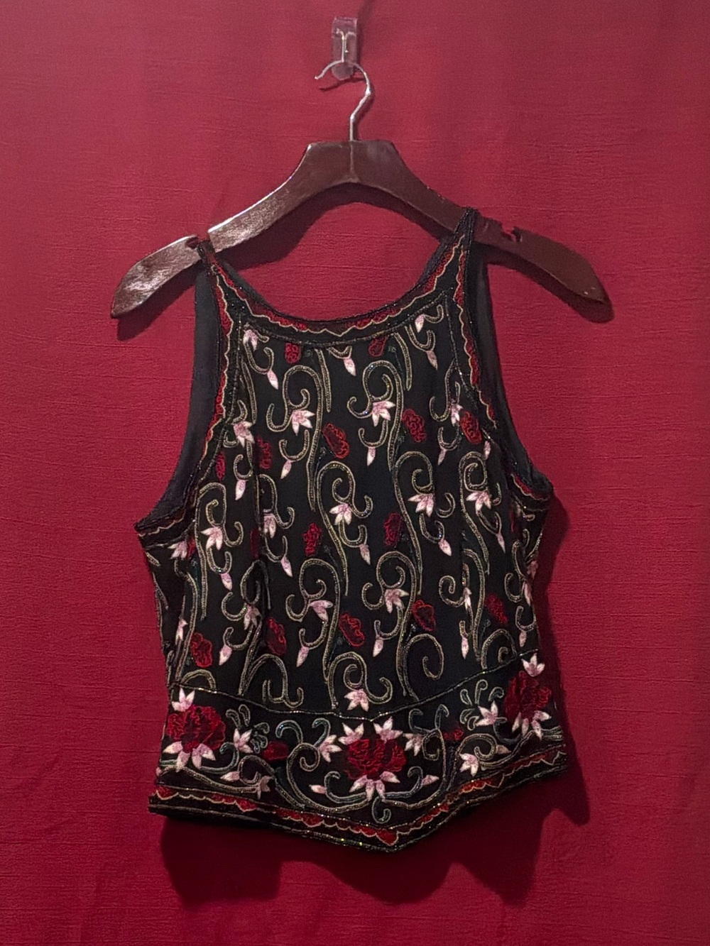 Black Embroidered Floral Camisole with Red and Pink Accents